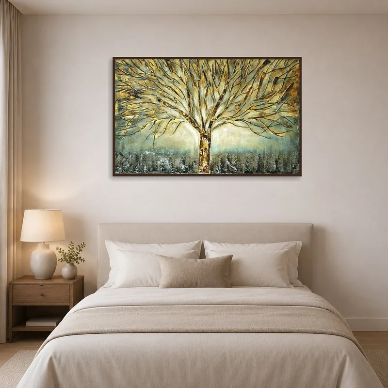 Metallic tree landscape creates a serene atmosphere in the bedroom.