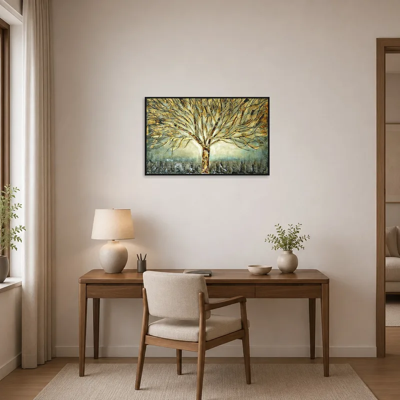 Tree landscape art elevates the aesthetic of a stylish home office.