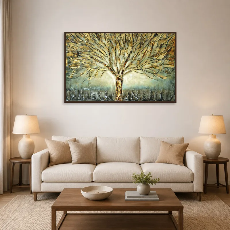 Textured metallic tree landscape above a modern sofa in the living room.