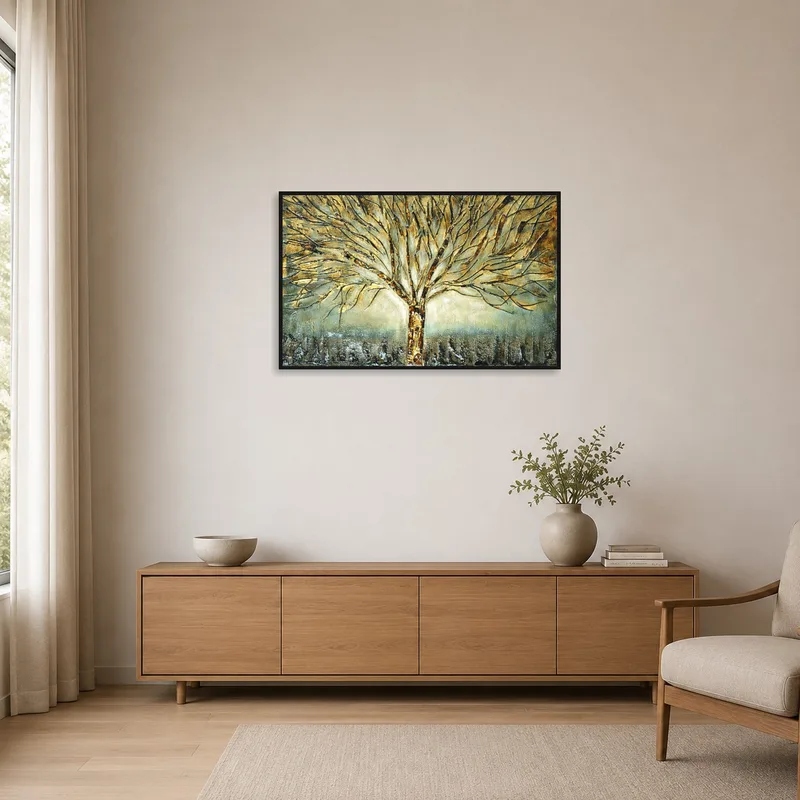 Metallic tree landscape hangs in a minimalist white-walled space.