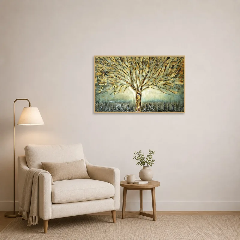 Textured tree art enhances the cozy reading corner ambiance.