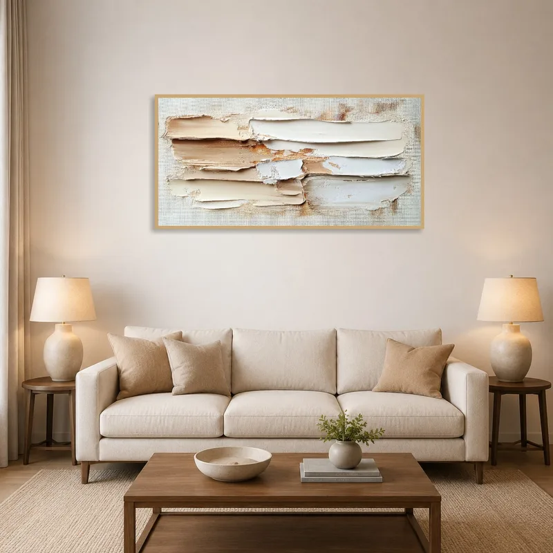 Abstract art print with neutral tones on a living room wall above a modern sofa.