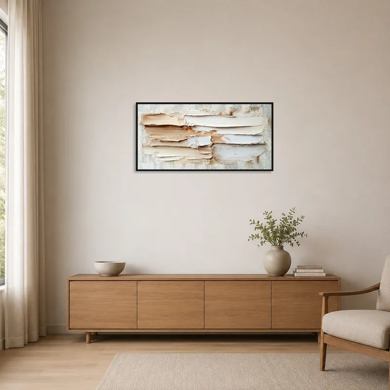 Neutral abstract art print hanging in a minimalist room with sleek furniture.