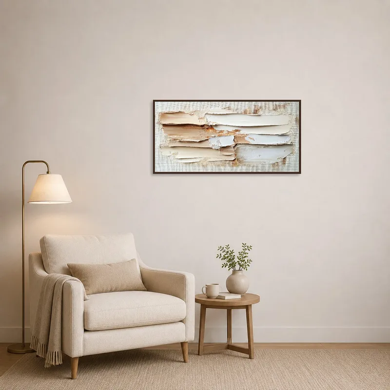 Neutral tones abstract art print providing a calming backdrop in a reading corner.