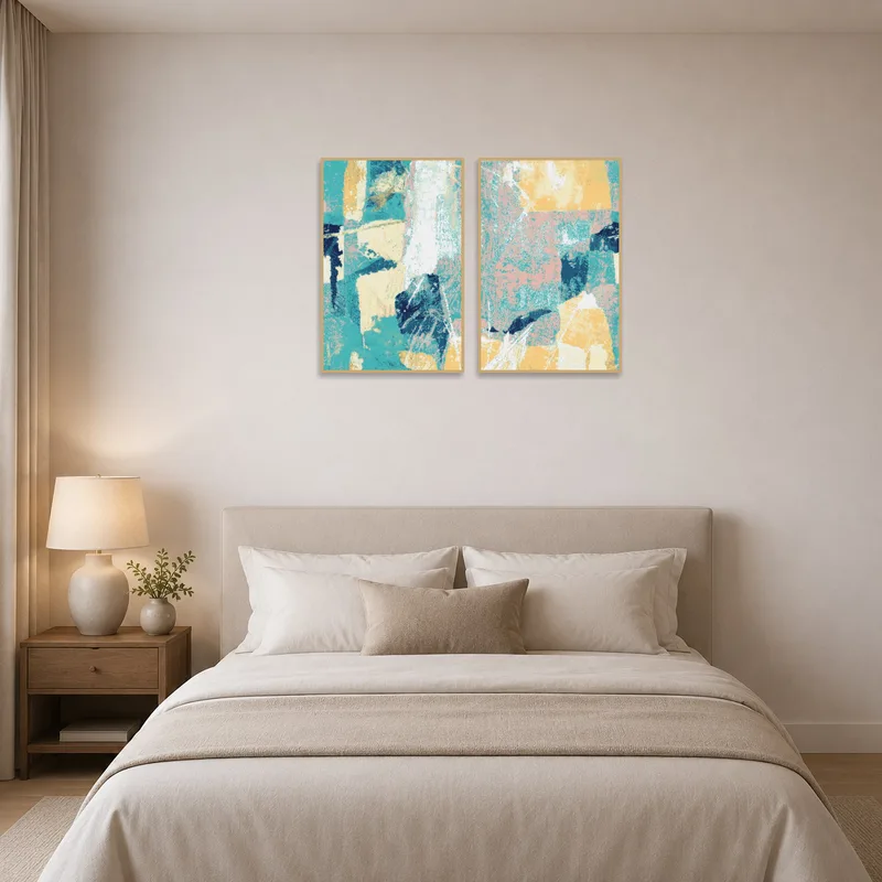Serene bedroom wall features a textured oceanic abstract art set.