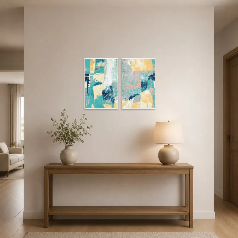Welcoming entrance hall displays an oceanic abstract art set piece.