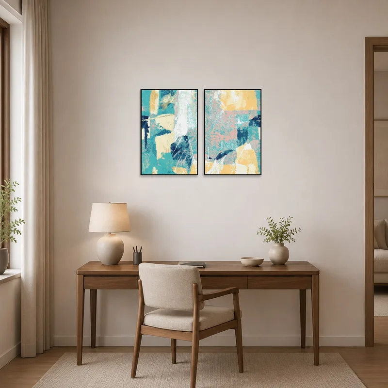 Sophisticated home office boasts a textured oceanic abstract art set.