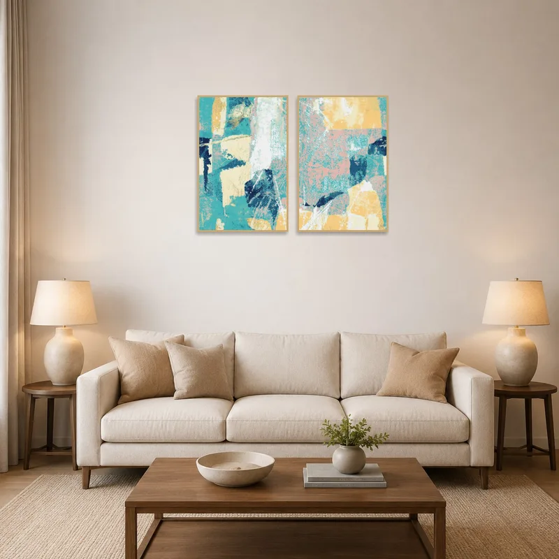 Textured oceanic abstract art set adorns a cozy living room wall.