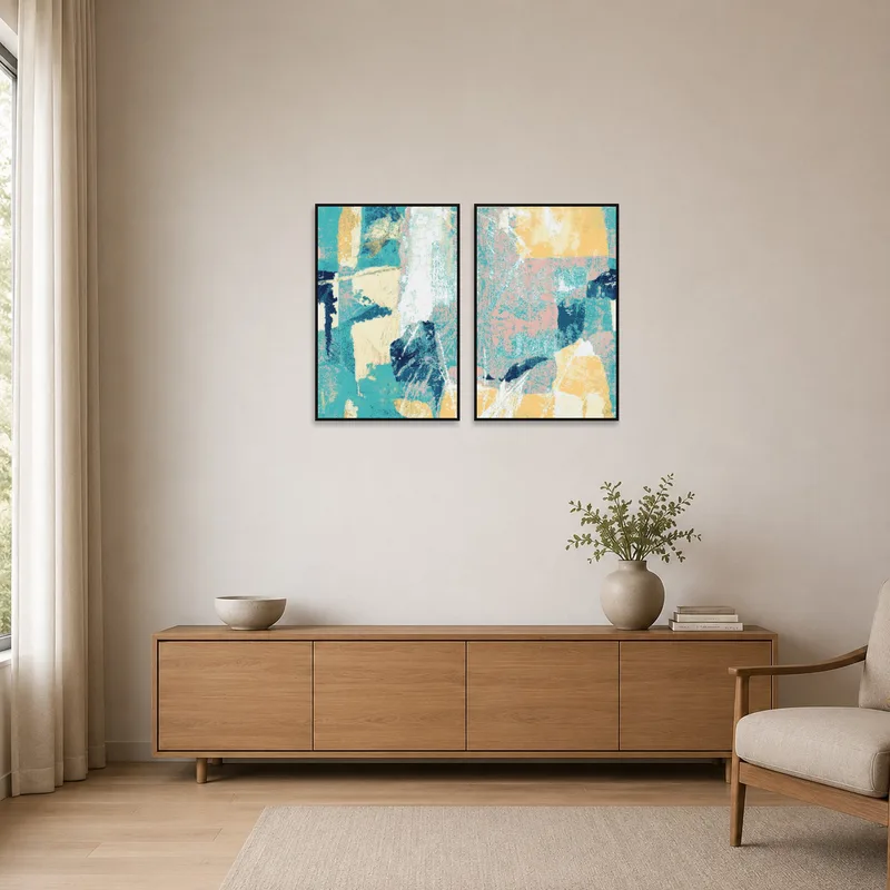 Sleek minimalist space highlights the subtle oceanic abstract art set.