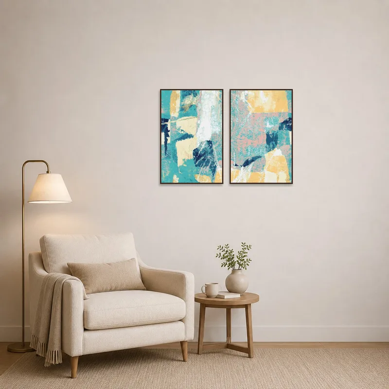 Reading corner enriched with an oceanic abstract art set design.