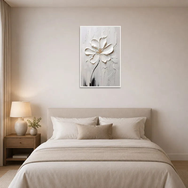 Blossom artwork providing calm in a tranquil bedroom setting.