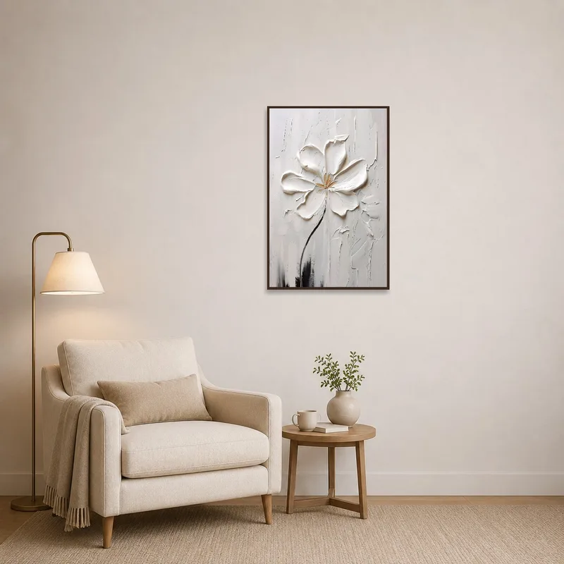 Soft blossom art enhancing a serene reading corner atmosphere.