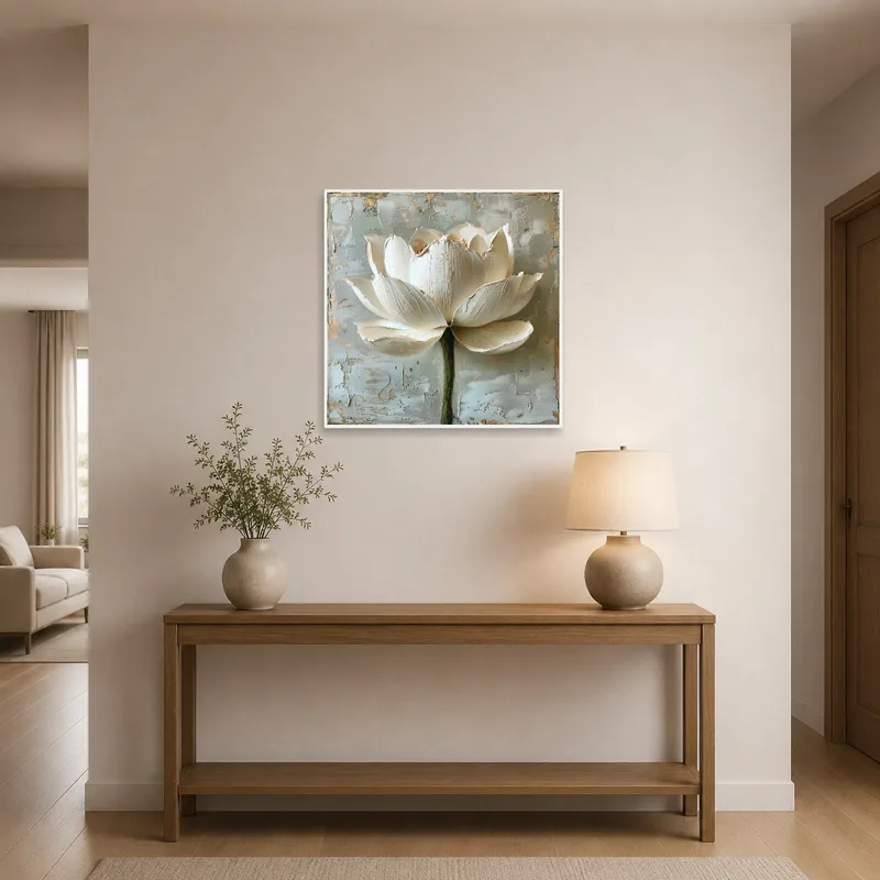 Textured white lotus art greeting guests in an entrance hall.