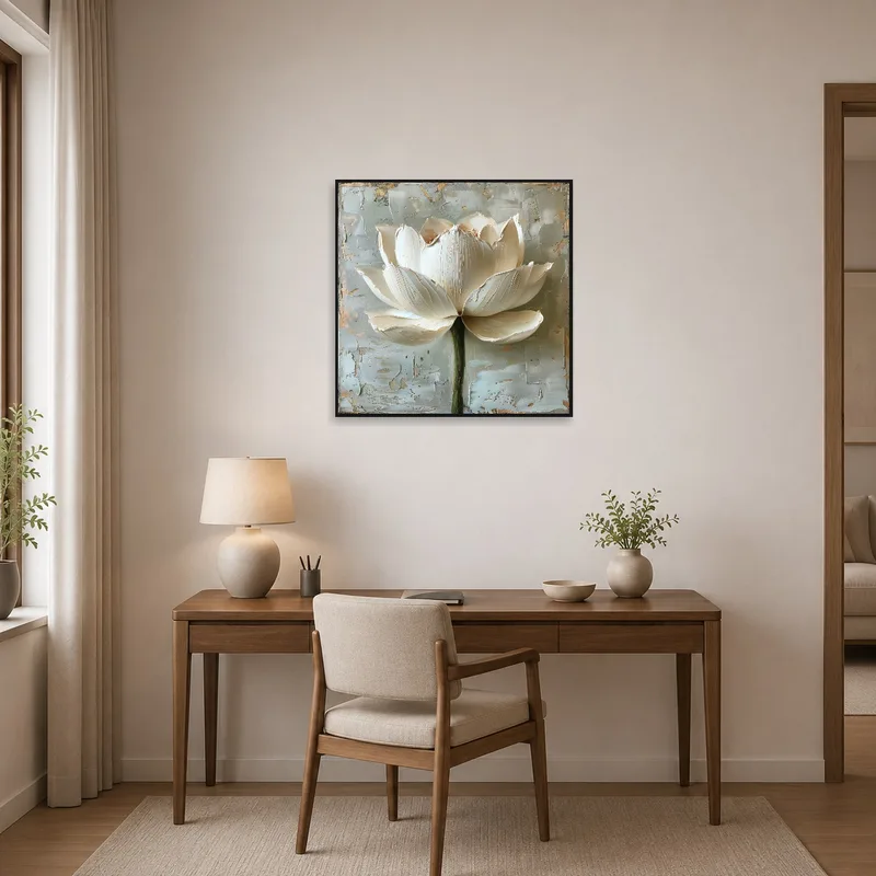 Elegant white lotus artwork inspiring creativity in a home office.