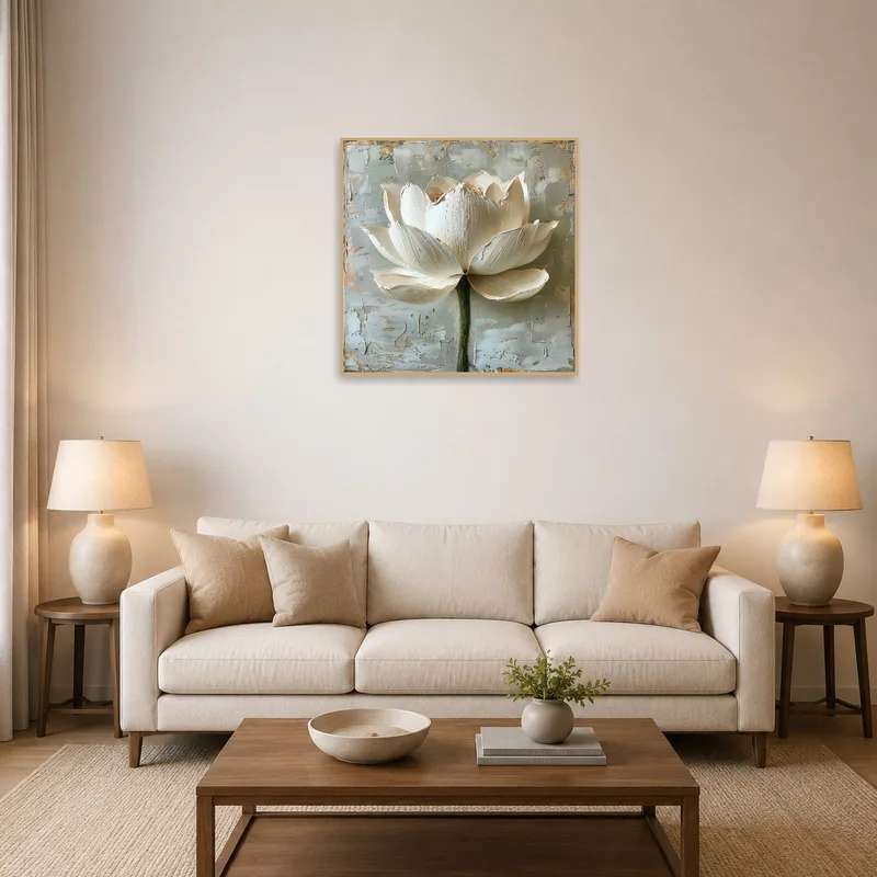 White lotus artwork on a textured abstract background in a cozy living room.