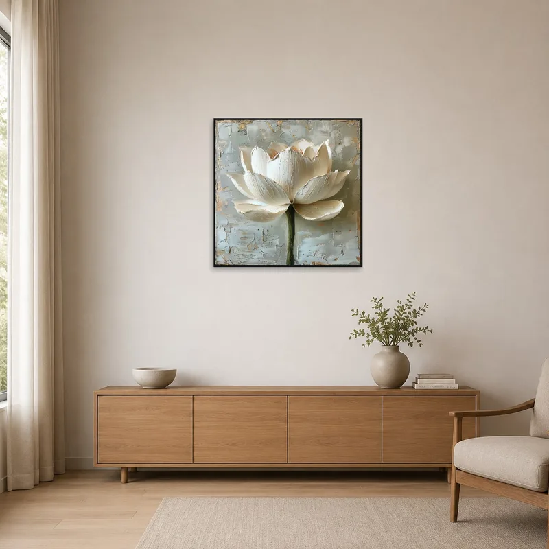 White lotus art piece adding elegance to a minimalist room setting.