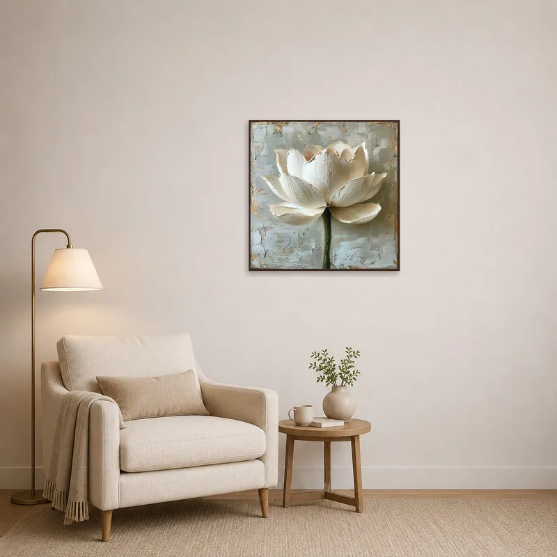 Serene white lotus artwork enhancing a tranquil reading corner.