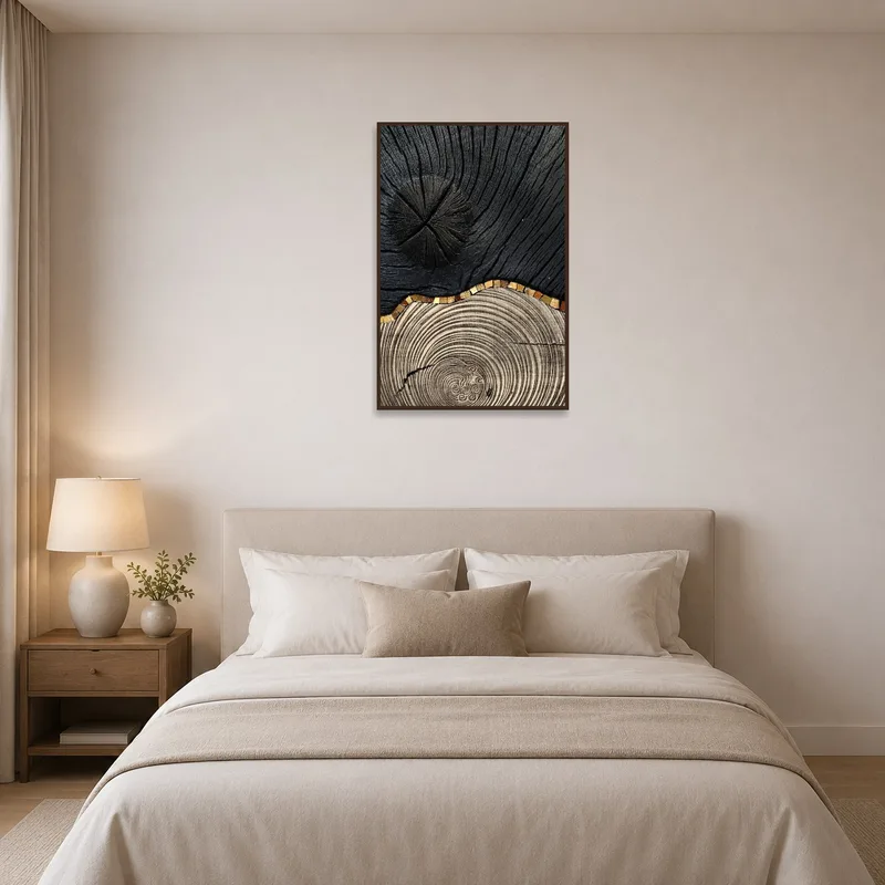 Bedroom setting displaying subtle wood and charcoal abstract art.