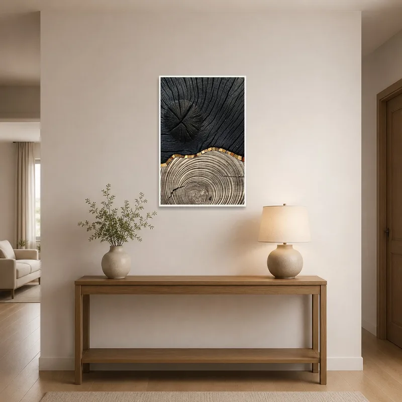 Entrance hall featuring abstract art with wood and charcoal texture.