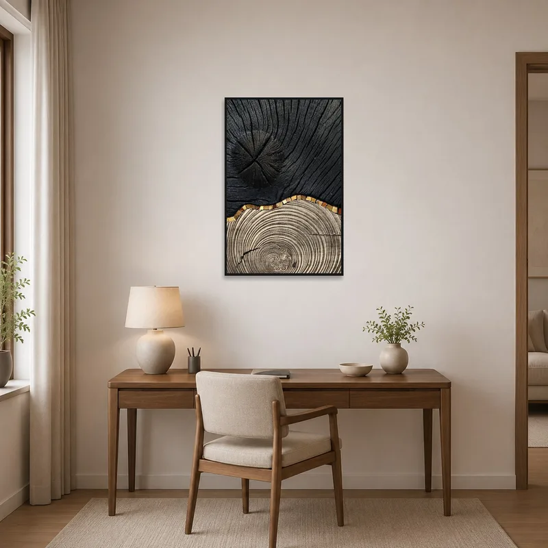 Home office accented by wood and charcoal textured abstract art.