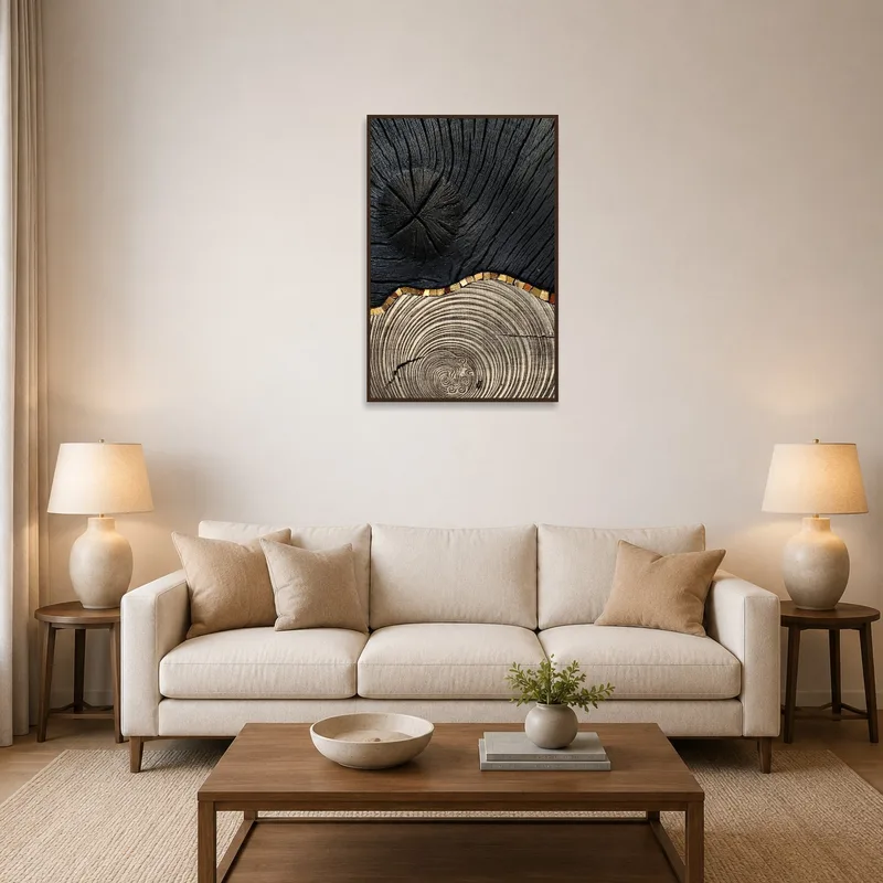 Abstract art with wood and charcoal texture in a cozy living room.
