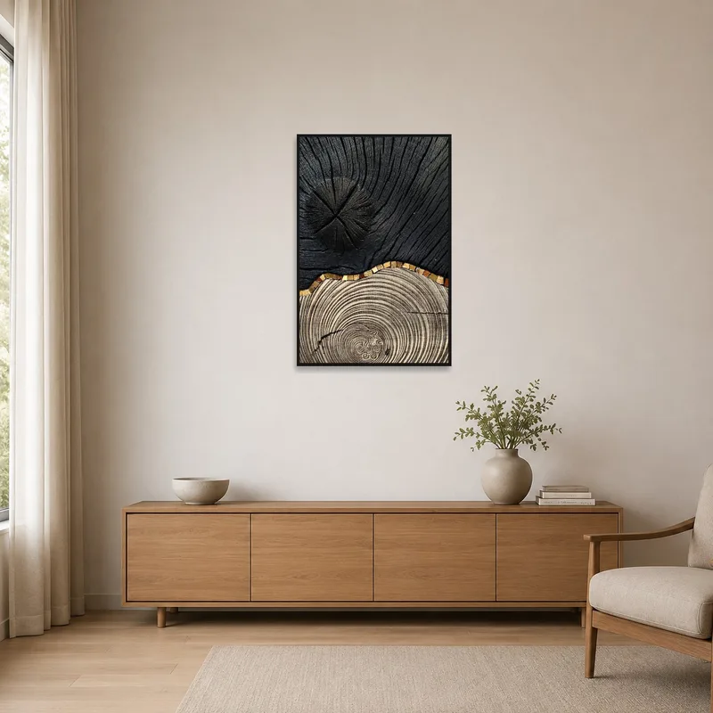 Minimalist room showcasing wood and charcoal textured artwork.