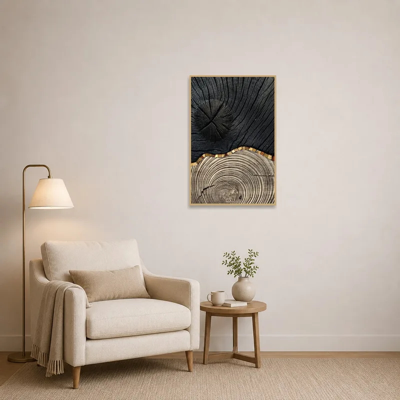 Reading corner with a touch of wood and charcoal textured abstract art.