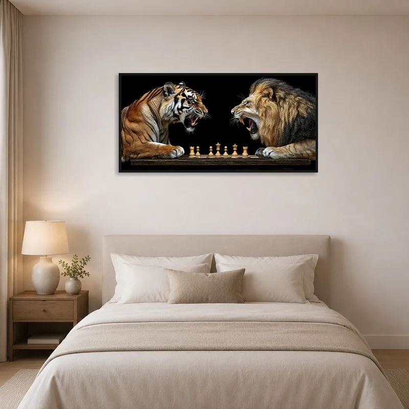 Tiger vs Lion Chess art print creating intrigue above a bed with soft linens.