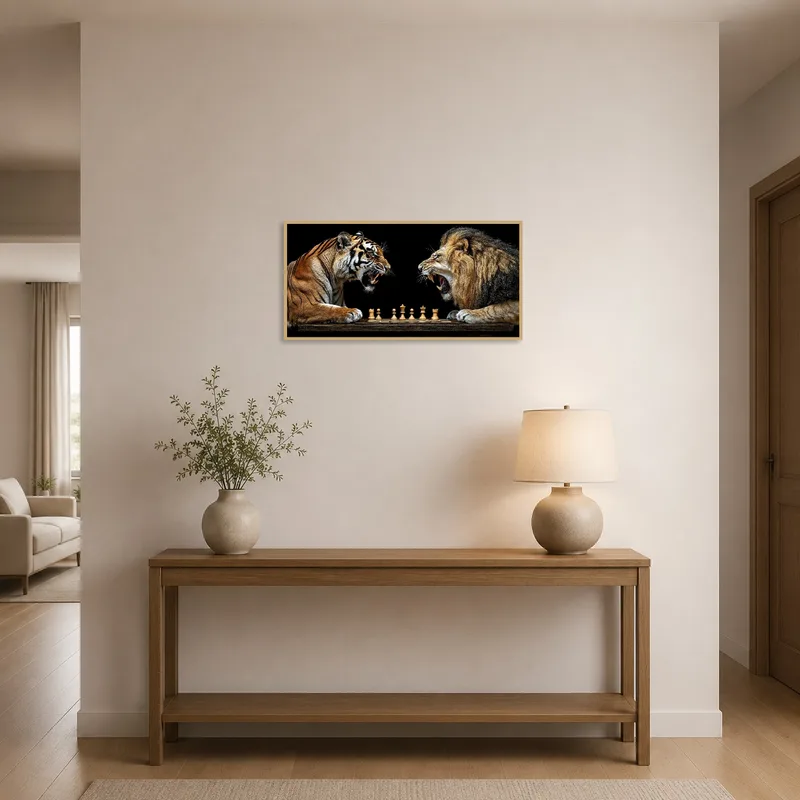 Tiger vs Lion Chess battle print welcoming guests in an inviting entrance hall.