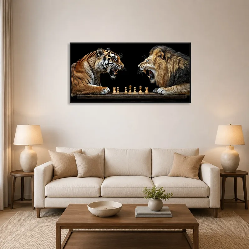 Tiger vs Lion Chess Showdown art above a cozy sofa in a stylish living room.