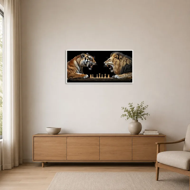 Tiger vs Lion Chess art print adding flair to a sleek minimalist space.