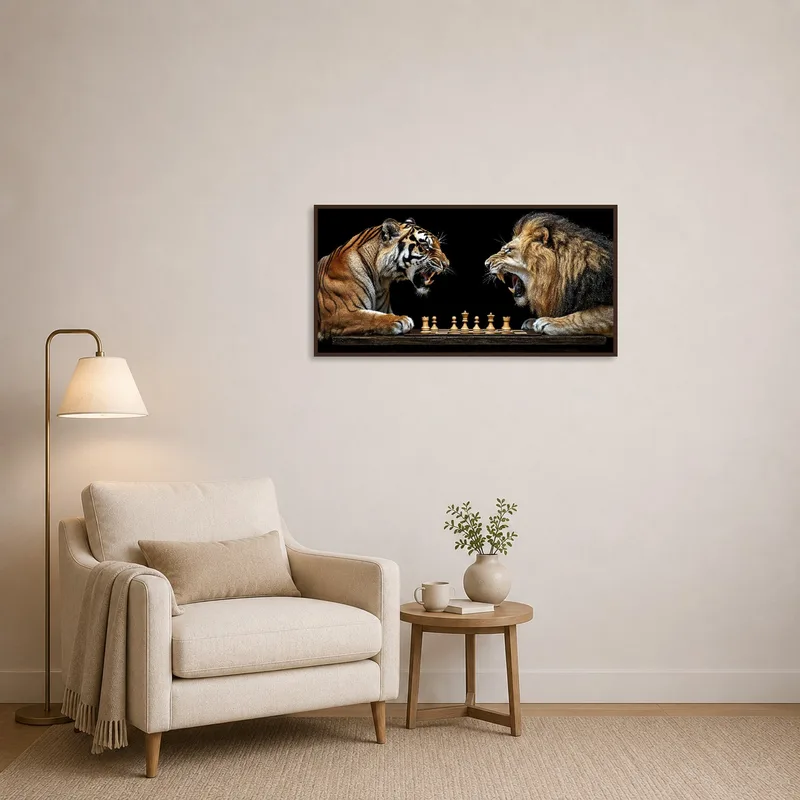 Inspiring Tiger vs Lion Chess scene enriching a quiet, well-lit reading corner.
