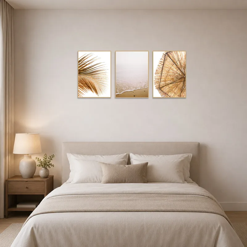 Tranquil beach scenes above a bed, complementing soft bedding and nightstands in the bedroom.