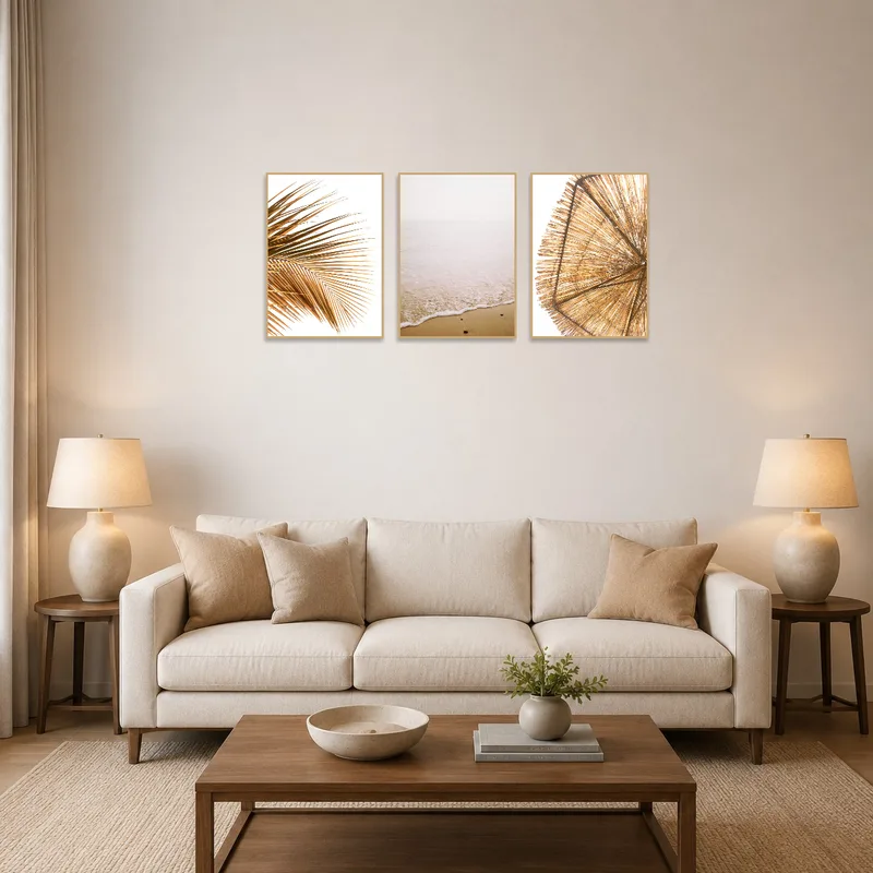 Tranquil beach triptych set on a living room wall near a plush sofa and coffee table.