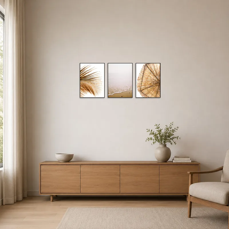 Triptych of a serene beach displayed in a minimalist room with clean lines and sparse furniture.