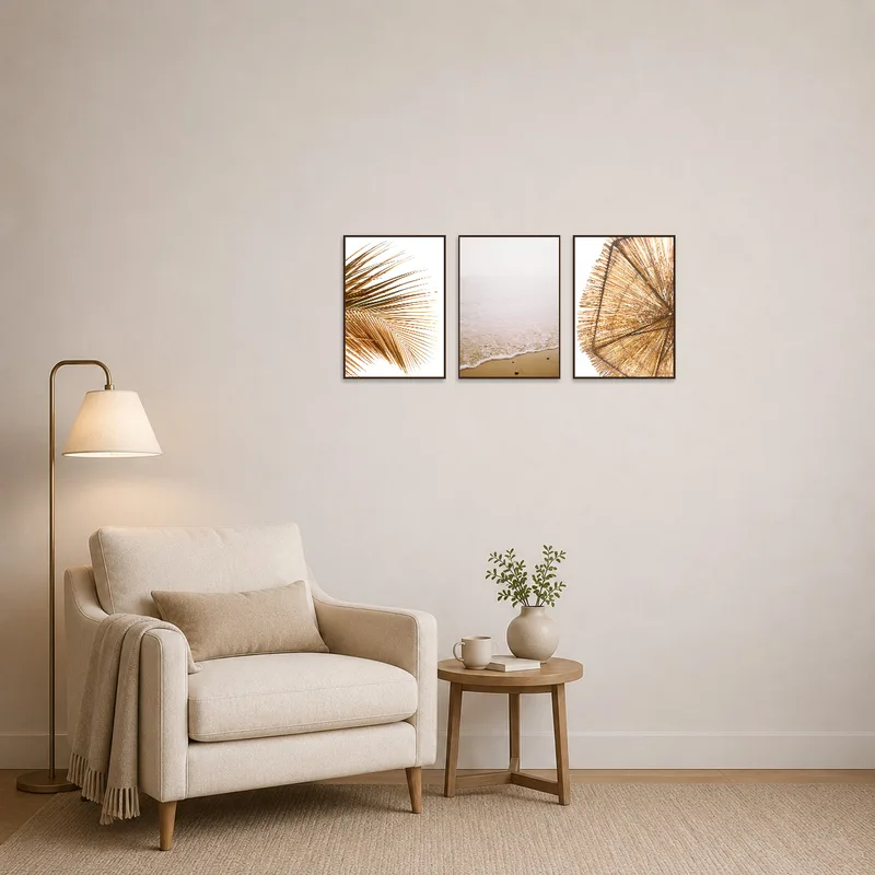 Nature triptych set displayed in a cozy reading corner next to a comfortable armchair.