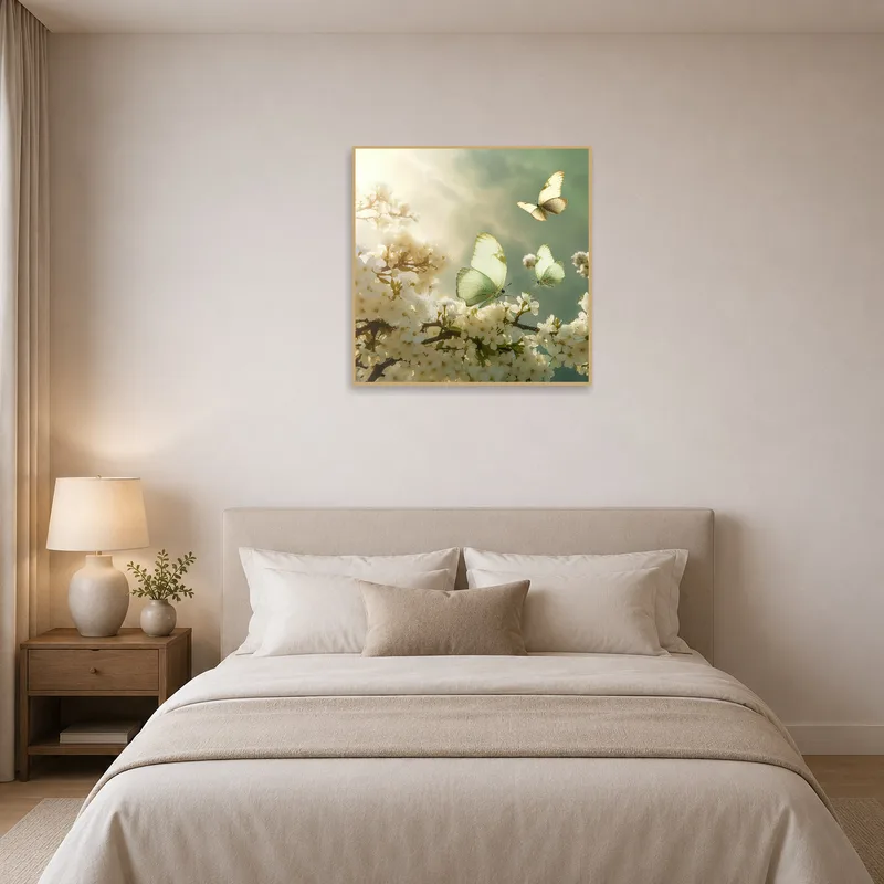 Butterflies and blooms art infusing tranquility into a cozy bedroom setting.
