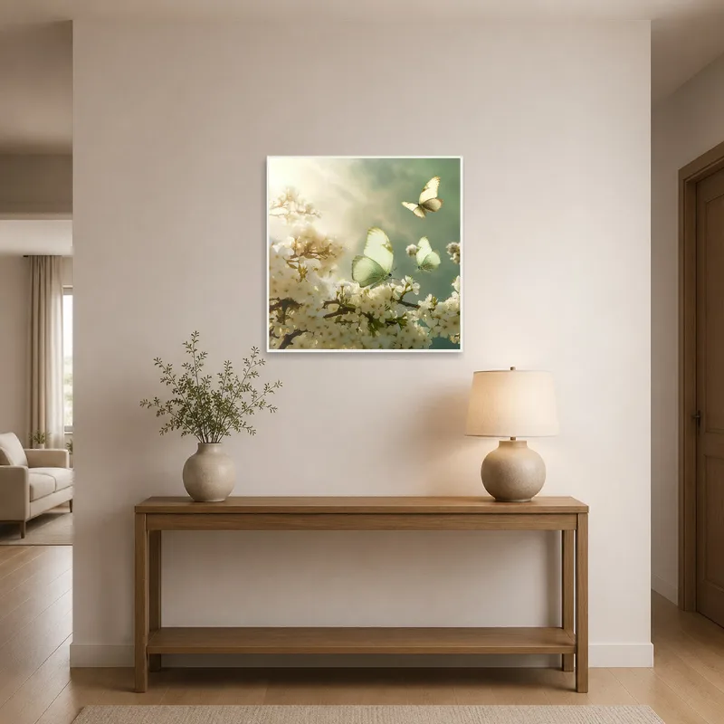 Butterfly art enhancing the entrance hall with a welcoming floral touch.