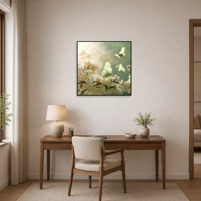 Square butterfly art bringing nature-inspired calm to a well-organized home office.