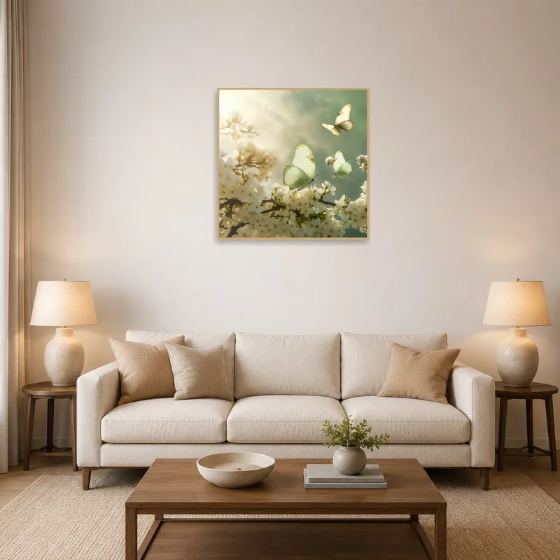 Tranquil Butterflies in Bloom art on a living room wall, complementing cozy seating.