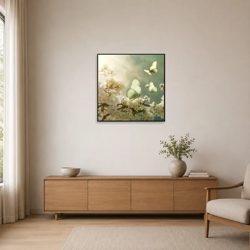 Butterflies and flowers art adding elegance to a minimalist room with clean lines.