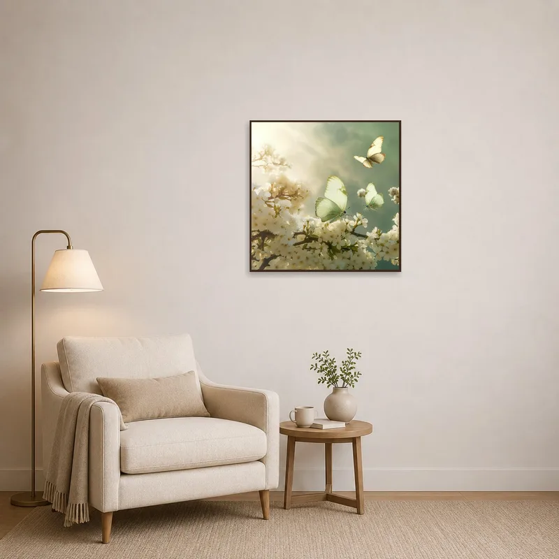 Tranquil Butterflies in Bloom art creating a serene atmosphere in a reading corner.
