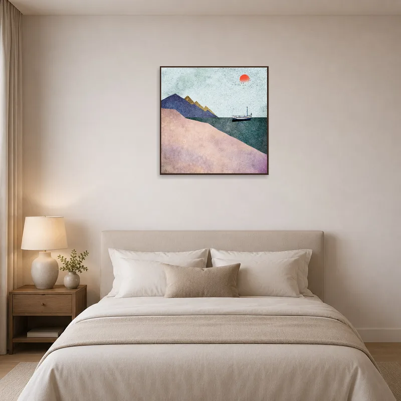 Bedroom enriched with a tranquil abstract of a boat and mountainous scene.