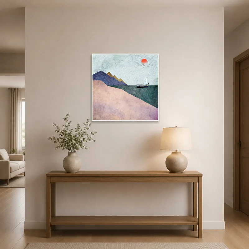 Coastal abstract with a boat and mountains welcomes guests in the entrance hall.