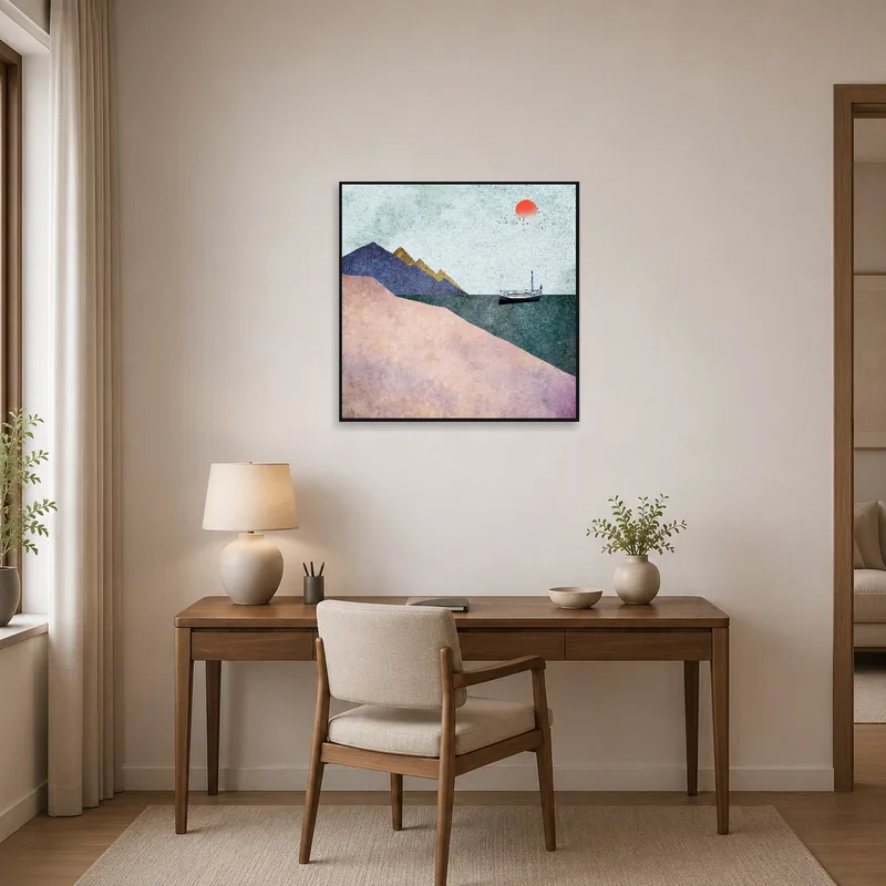 Home office has a soothing coastal abstract with boat and mountains.