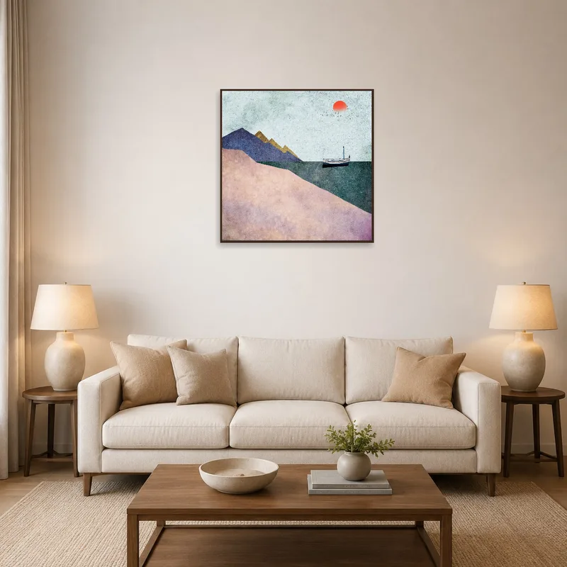 A tranquil abstract of a boat and mountains brings a serene vibe to the living room wall.