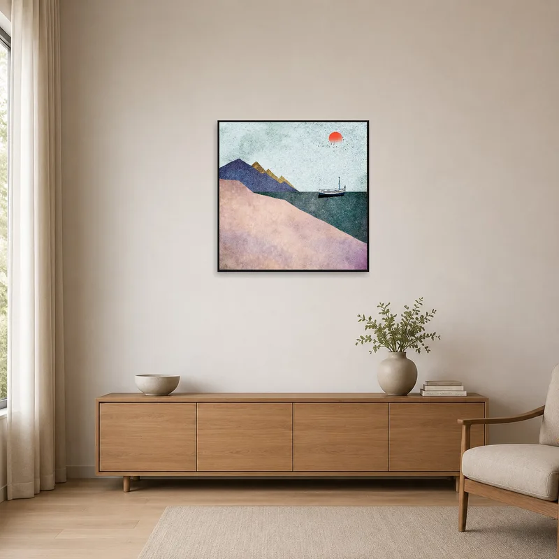 Minimalist space enhanced by an abstract boat and mountains artwork.