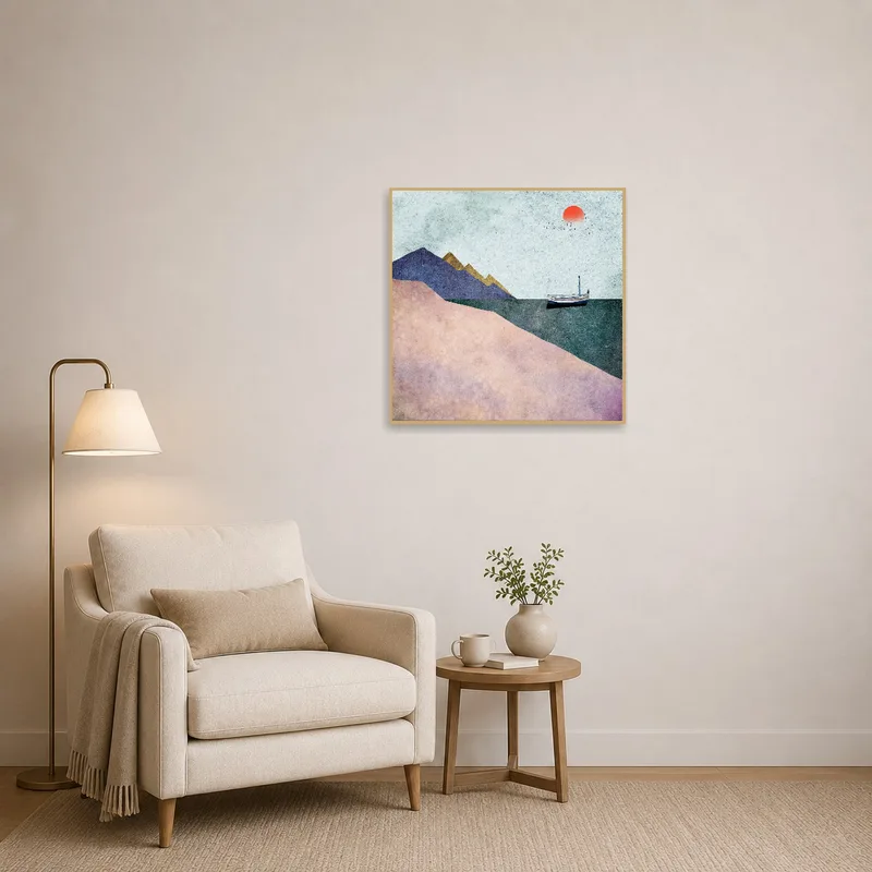 Abstract portrayal of a boat and mountains adds calmness to the reading corner.