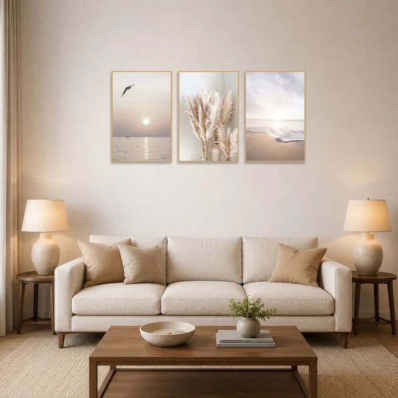 A triptych depicting coastal scenes and pampas grass hangs in a living room above a cozy sofa.
