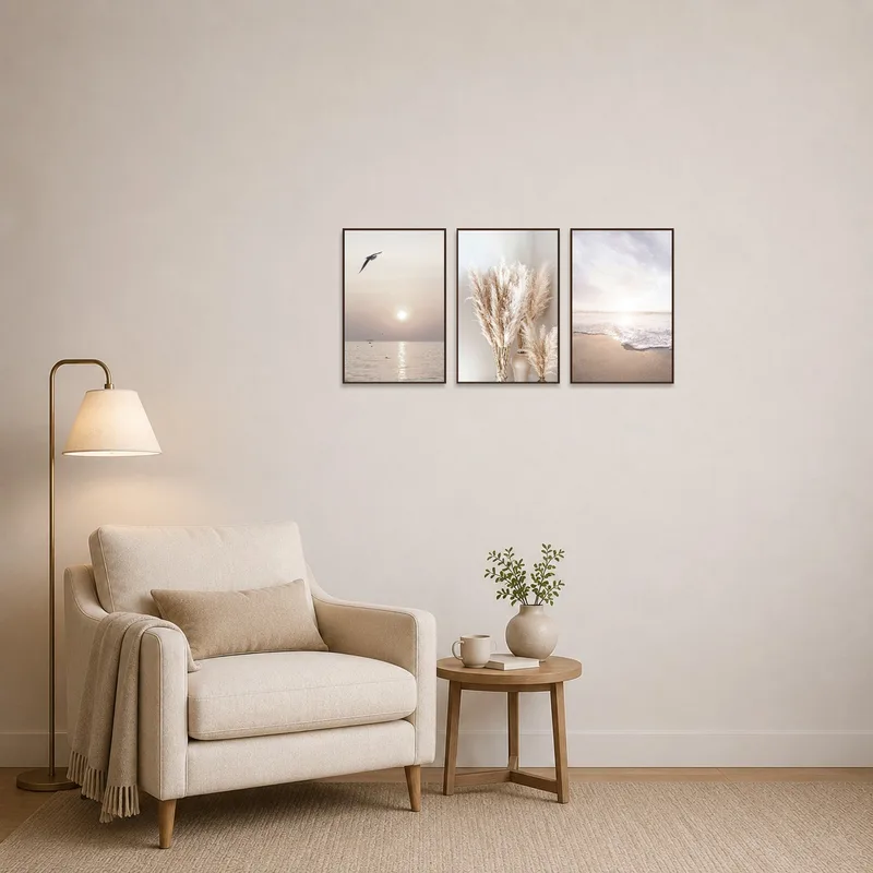 The calming coastal triptych with pampas grass adds serenity to a cozy reading corner.